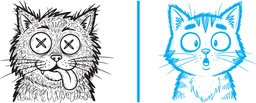 A scruffy black-and-white cat with "X" eyes and tongue out looks exhausted, paired with a blue-outlined tabby appearing shocked with wide eyes and an open mouth.