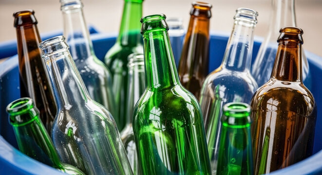 Glass bottle collection bin filled with various colored glass bottles, prepared for recycling efforts. Glass bottle collection bin contains clear, brown, and green bottles.