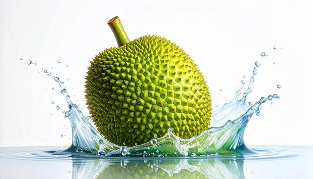 Fresh jackfruit splash in water with droplets isolated on white background