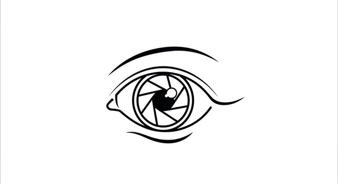 Minimalist black and white line art illustration depicting an artistic eye design incorporating a camera aperture symbol inside the iris.