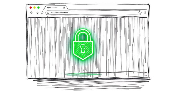 Hand-drawn sketch, white background, glowing green HTTPS padlock icon and shield in a browser interface.