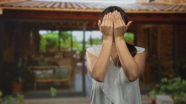 Woman wearing glasses covers face with hands at building entrance, peeking and smiling through fingers beside house doorway on a porch; shyness warmth.
