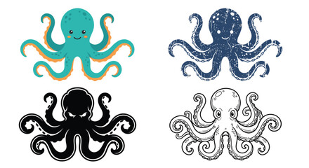 Colorful and monochromatic octopus illustrations arranged in a grid pattern © pranto Desgin
