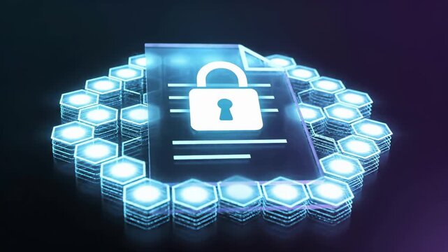 Glowing holographic document with a padlock surrounded by stacked hexagonal blockchain nodes on a dark background. Secure storage and encryption concept for cybersecurity and data protection.