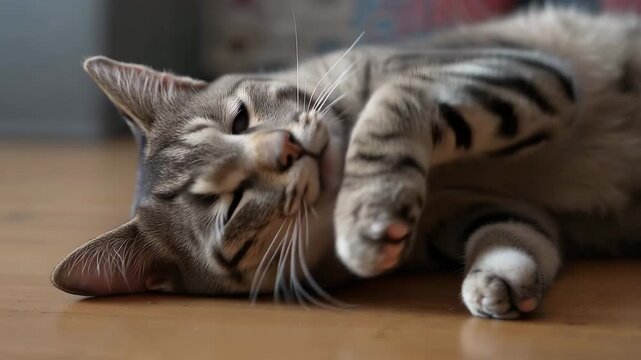 木の床に頬を傾けるトラ柄の猫のアップ、柔らかな室内光に包まれた眼差し