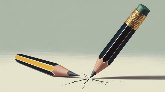 Broken pencil on a table with fractured lines