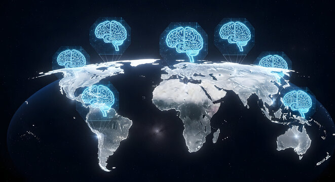 Global brain network concept with world map and digital brains