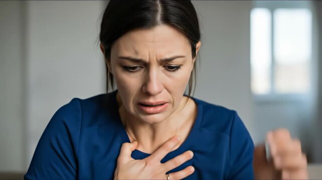 Young woman suffering acute respiratory distress, experiencing severe chest pain, struggling with chronic lung disease, symptoms of pulmonary illness, urgent medical concern