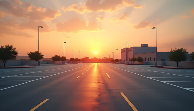 Sunset over an empty parking lot with a building