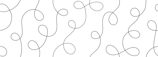 Horizontal seamless squiggle line pattern. Thin continuous black loops and swirls on white background. Modern organic line art design with continuous wavy strokes. © Mariia