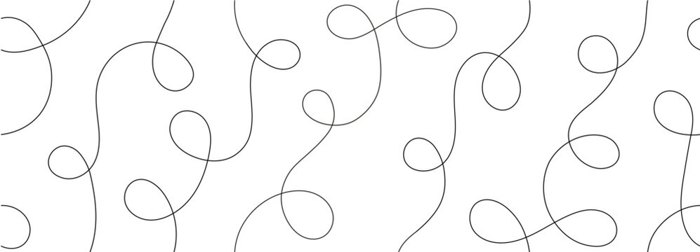 Horizontal seamless squiggle line pattern. Thin continuous black loops and swirls on white background. Modern organic line art design with continuous wavy strokes.