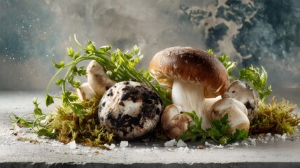 Fresh wild forest mushrooms with parsley and moss