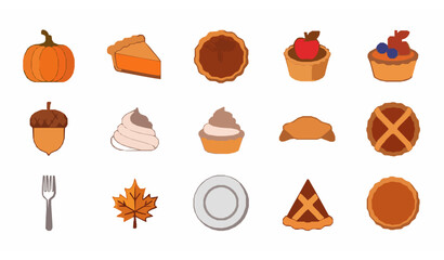 Thanksgiving pie and bakery flat icon set with pumpkin apple pecan pie tart whipped cream and autumn elements vector illustration © Sahina