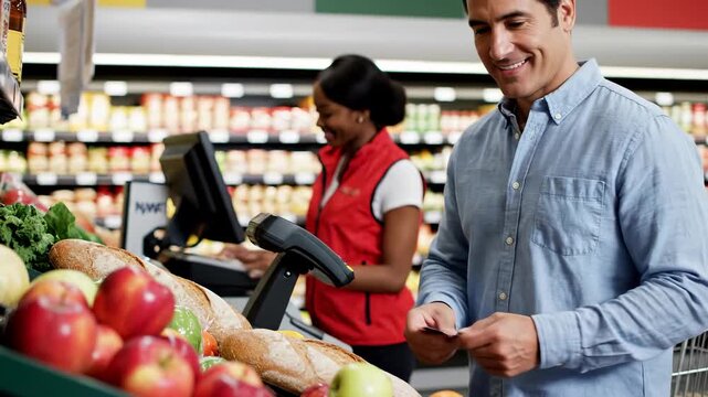 Man pays at grocery store checkout while cashier scans items in a bright market. Busy setting with vegetables and fruits around. Concept of retail, grocery business, customer service