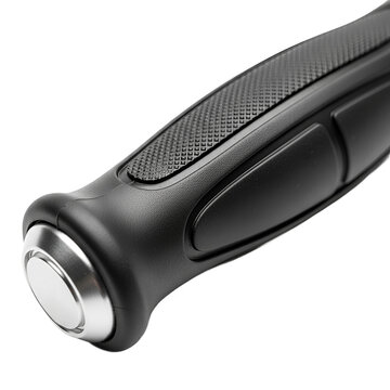Close-up of black handle with silver metal base, ergonomic grip