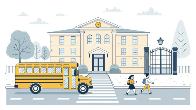 Flat design illustration of children with backpacks walking past school bus on zebra crossing with school building with back to school with school day