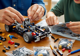 Naklejka premium Father and son assembling a complex lego set
