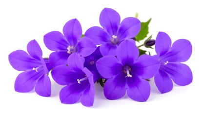Obraz premium Vibrant Purple Campanula Flowers in Full Bloom on White Background.