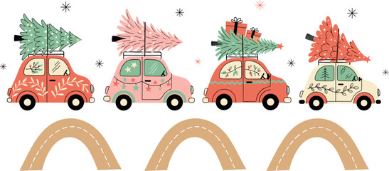Naklejka premium Set of cute Christmas cars carrying pine trees and gifts on road with snowflakes in winter holiday vector