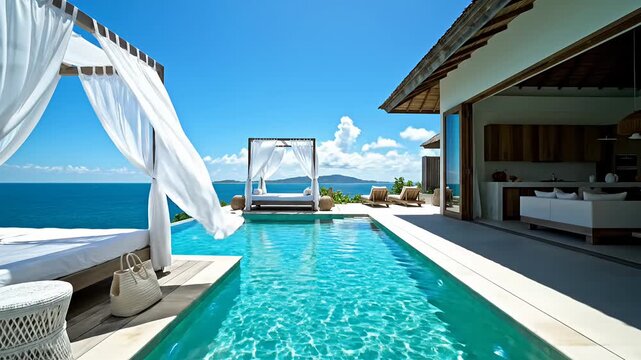 Luxurious tropical villa with infinity pool and ocean view on sunny day