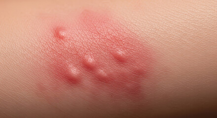 Fototapeta premium Close-up view of skin with raised red welts indicating an allergic reaction or irritation on a light skin tone arm, showcasing texture and details of the condition