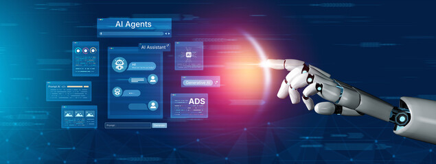 Naklejka premium AI agents connect assistant chat, prompts, ads and analytics to automate content creation and marketing workflows. AI agents tasks, AI speeds agentic decisions, and agent improve performance. Corpus