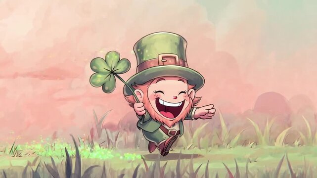 Cartoon Leprechaun Celebrating St. Patrick s Day with Clover and Rainbow in a Festive Landscape