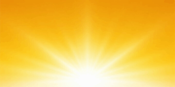 A bright summer sunrise illustration featuring a glowing orange sun and yellow rays bursting across a blue sky with a warm nature flare