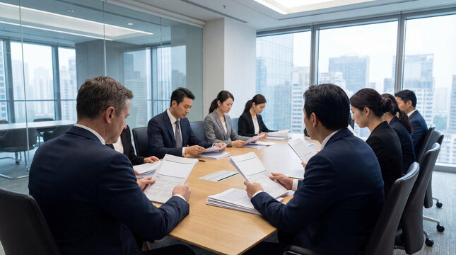 Executives review documents in boardroom meeting. Serious team studies documents, contracts, financial reports, policy paperwork, compliance discussion, decision making in modern highrise office