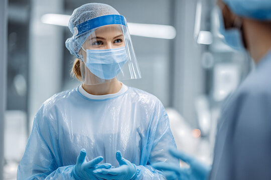 Female healthcare professional wearing full PPE with faceshield and surgical mask consulting colleague in a modern hospital environment