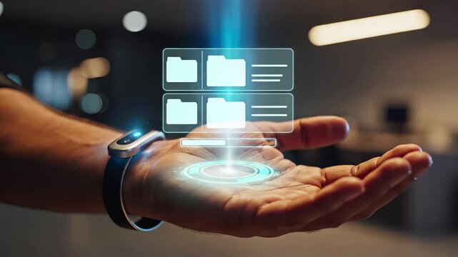 Holographic file folder interface with a progress bar hovers above open palm wearing a smartwatch. Digital management, cloud storage, and wearable technology concept.
