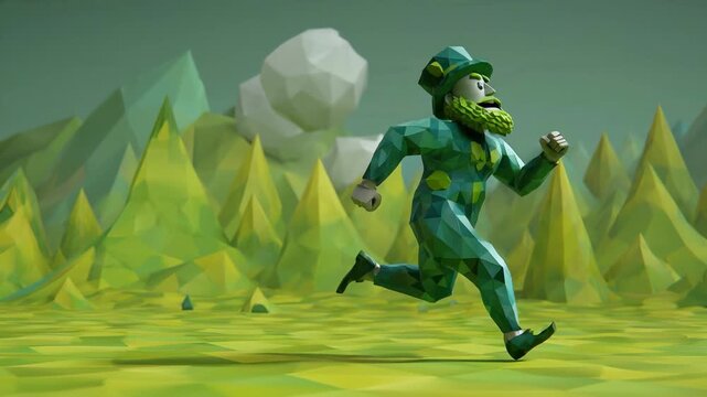 Digital Illustration of a Cartoon Leprechaun Running in a Low-Poly Green Landscape for St. Patrick s Day Celebration