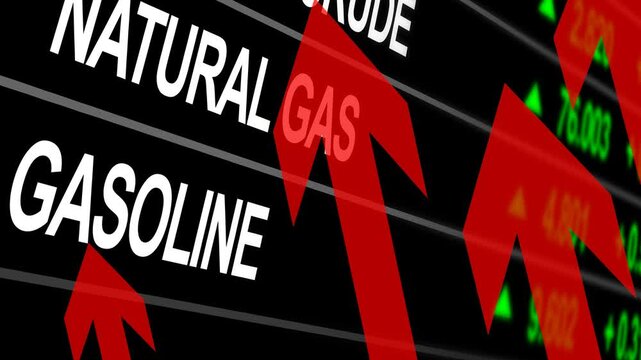Rising energy commodity market prices on digital trading screen, crude oil, oil, gasoline, heating oil, murkam crude oil and natural gas.