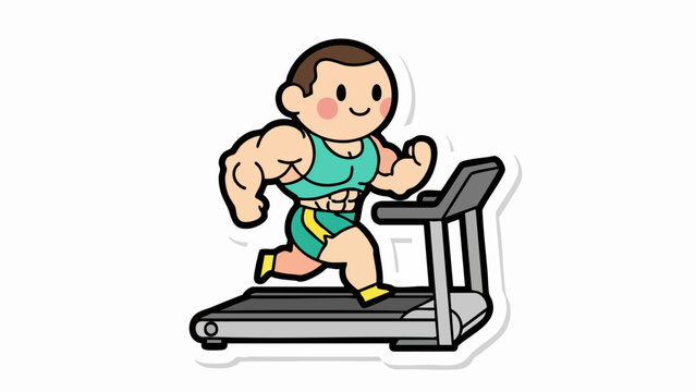 Cute muscular man cartoon character running on a treadmill for fitness.