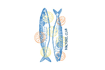 Mackerel Club, Two Mackerel Fish with Typography Hand Drawn Summer Beach Sublimation Design