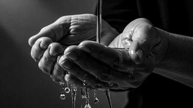 Close up of a old man washing his hands with clean water in dramatic black and white.