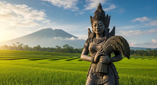 Statue of Dewi Sri the rice goddess overlooking green rice fields in Bali with a volcano at sunrise.