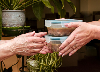 Two hands exchanging food containers filled with prepared meals, surrounded by green plants in a...