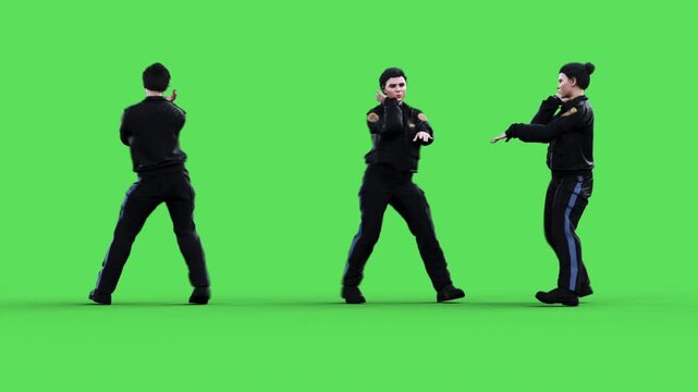 policewoman dances funny. Green screen isolate.