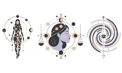 Astrological illustration of woman with zodiac signs and cosmic elements