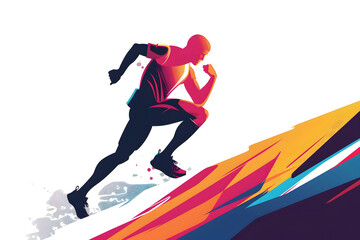 Obraz premium Man runs uphill on a colorful, dynamic abstract background.