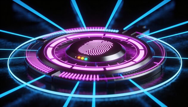 Digital Fingerprint Scanner Layered Security Biometric Authentication Magenta Blue 3D Render Access Control Identity Encryption Technology Dark