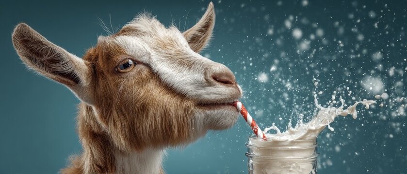 Funny Goat Drinking Milkshake Through Straw with Milk Splash