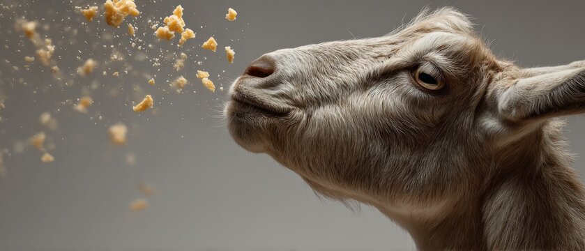 Funny Goat Eating Cheese with Flying Crumbs on Minimal Studio Background
