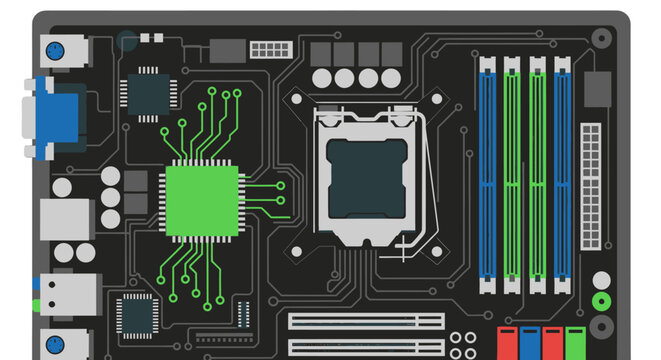 Detailed Motherboard Component with Green Circuitry on Isolated White Background