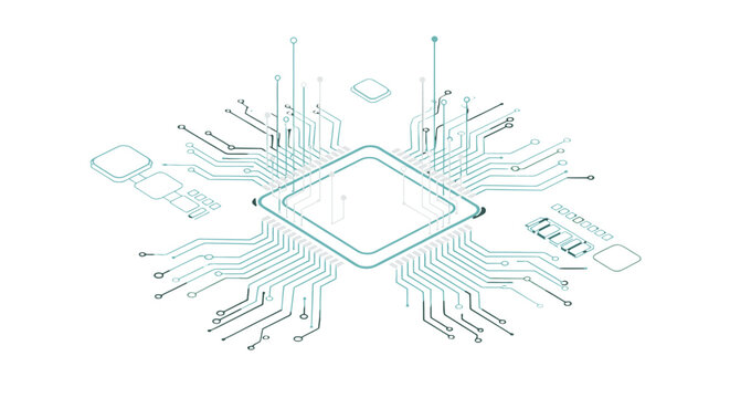 Outline Microchip Processor with Radiating Circuit Lines Representing Data Flow on an Isolated White Background