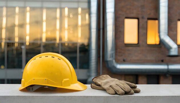 Yellow Safety Helmet and Protective Gloves on Construction Site with Industrial Building Background