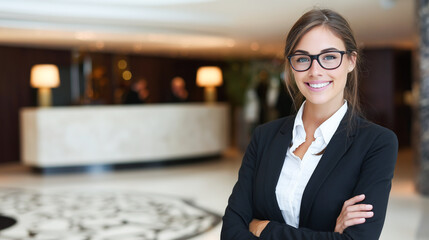 Professional Business Woman Standing in Elegant Hotel Lobby with Blurred Background for Corporate Hospitality Concepts