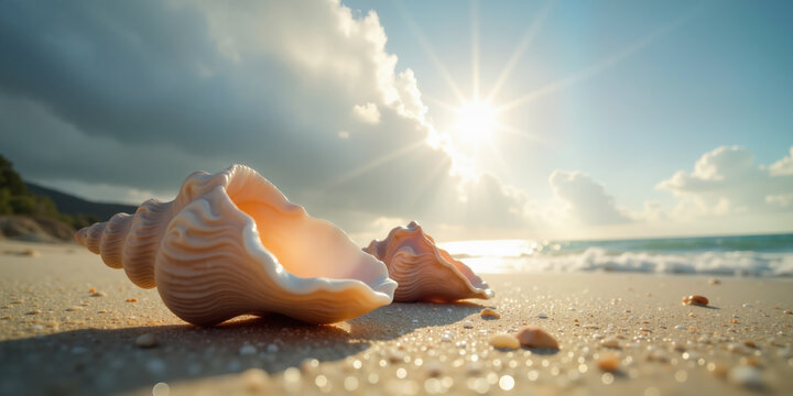 Large conch shell lies on sandy beach with warm light, smaller shell lies farther back, cloudy sky and sunlight in background, calm sea.