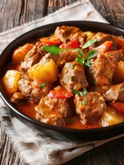 Cooking venetian beef goulash with potatoes and paprika in a bowl on a wooden table